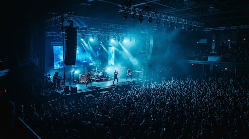 Concert wide stage view cinematic high angle with blue stage floodlights, crowd silhouette and haze in dark atmospheric venue