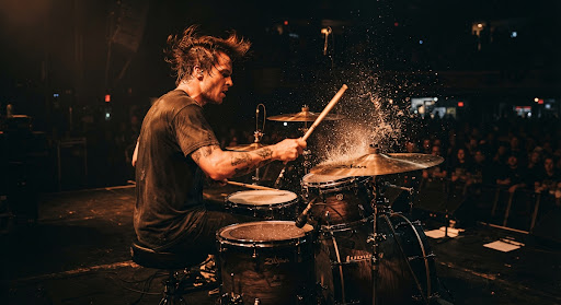 Drummer energetic live action shot with cymbal spray, warm amber rim lighting and deep stage shadows