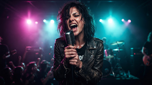 Lead singer close up at vintage microphone passionately singing with electric cyan and magenta stage backlights